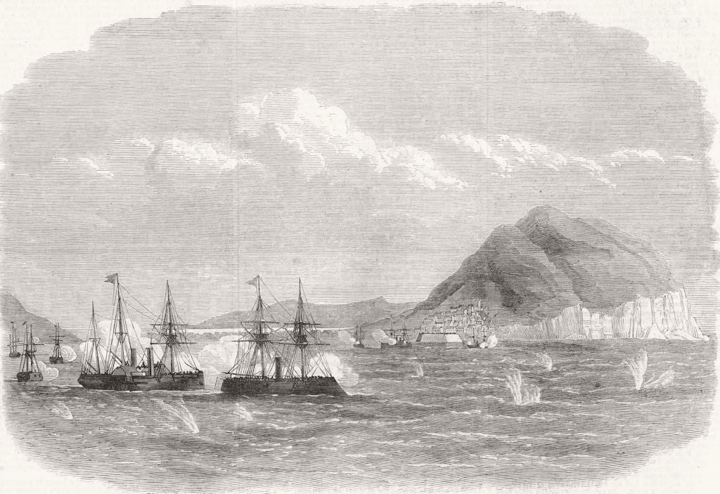 JAPAN. The Japanese imperial fleet attacking the Rebels at Hakodate 1869 print